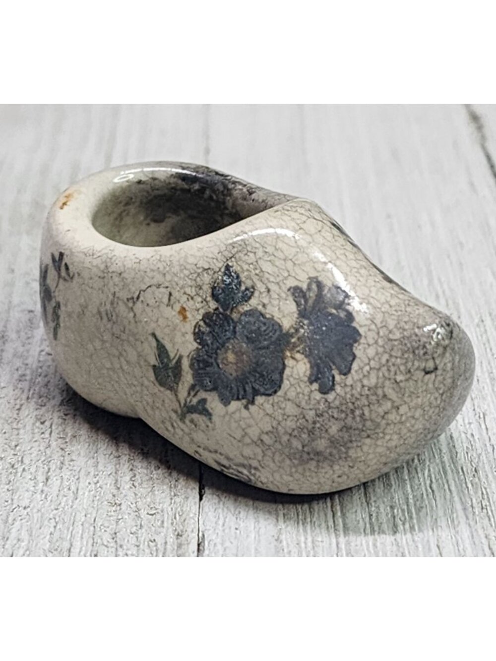 Vintage Miniature Porcelain Clog Shoe Figurine Hand Painted Glazed 2'' Gray